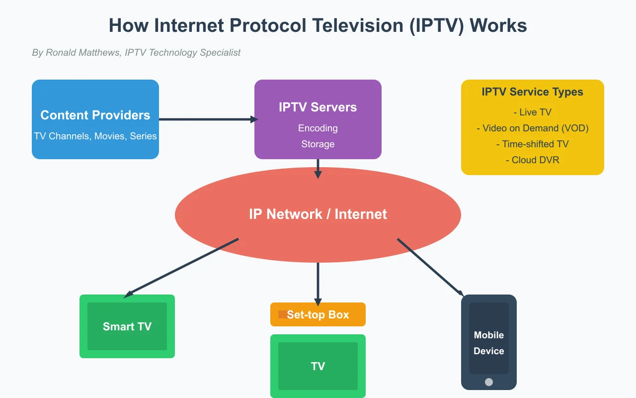 IPTV flow diagram: from content providers to IPTV servers, through IP Network/Internet, to end devices like Smart TV, Set-top Box, and mobile devices